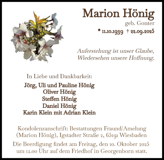 Traueranzeige von Marion Hönig von Wiesbadener Kurier Traueranzeige von Marion Hönig von Wiesbadener Kurier