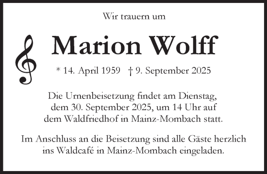 Traueranzeige von Marion Wolff von Allgemeine Zeitung Mainz Traueranzeige von Marion Wolff von Allgemeine Zeitung Mainz