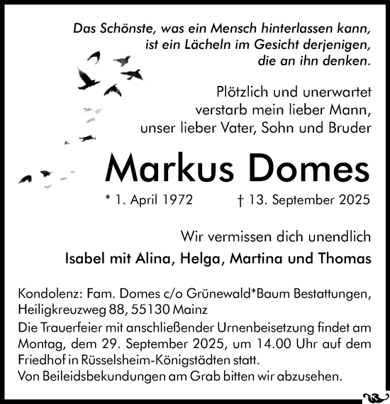 Traueranzeige von Markus Domes von Rüsselsheimer Echo Traueranzeige von Markus Domes von Rüsselsheimer Echo