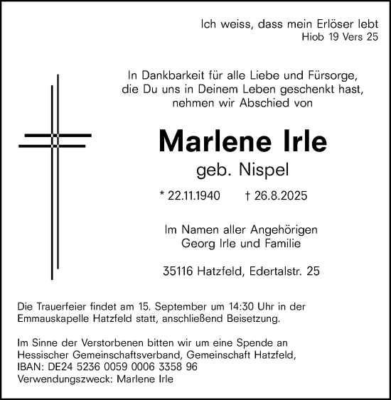Traueranzeige von Marlene Irle von Hinterländer Anzeiger