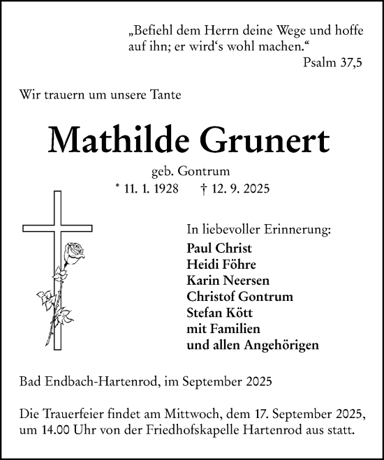 Traueranzeige von Mathilde Grunert von Hinterländer Anzeiger
