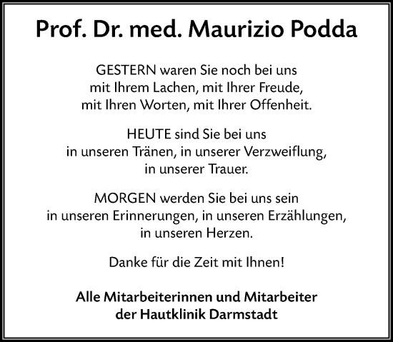 Traueranzeige von Maurizio Podda von Darmstädter Echo