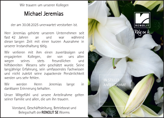 Traueranzeige von Michael Jeremias von Wormser Zeitung