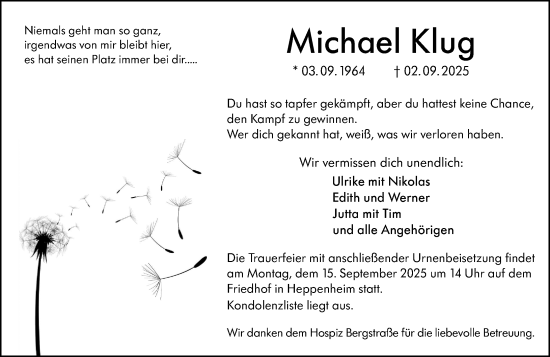 Traueranzeige von Michael Klug von Starkenburger Echo