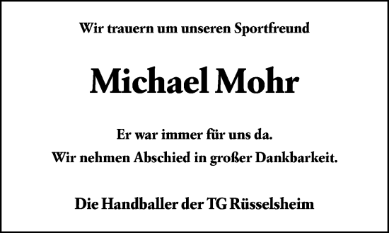 Traueranzeige von Michael Mohr von Rüsselsheimer Echo Traueranzeige von Michael Mohr von Rüsselsheimer Echo