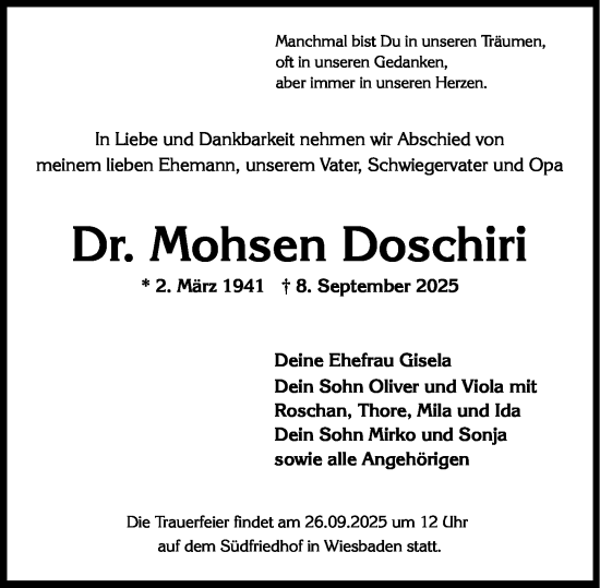 Traueranzeige von Mohsen Doschiri von Wiesbadener Kurier Traueranzeige von Mohsen Doschiri von Wiesbadener Kurier
