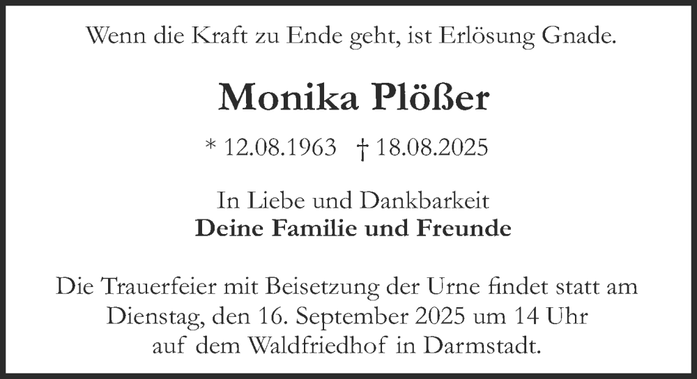  Traueranzeige für Monika Plößer vom 06.09.2025 aus Darmstädter Echo