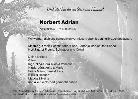 Traueranzeige von Norbert Adrian von Allgemeine Zeitung Mainz