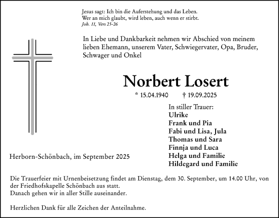 Traueranzeige von Norbert Losert von Dill Block Traueranzeige von Norbert Losert von Dill Block
