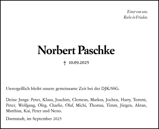 Traueranzeige von Norbert Paschke von Darmstädter Echo Traueranzeige von Norbert Paschke von Darmstädter Echo