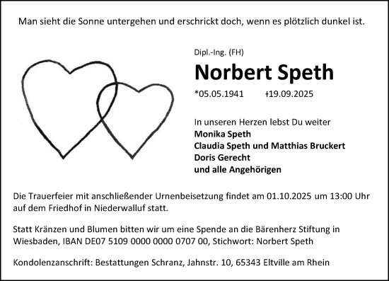Traueranzeige von Norbert Speth von Wiesbadener Kurier
