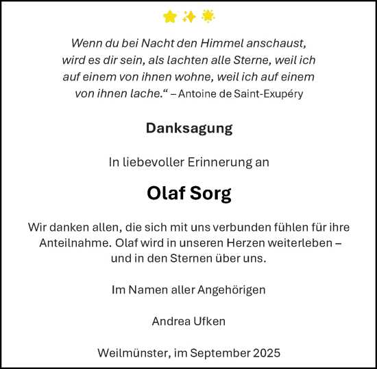 Traueranzeige von Olaf Sorg von Weilburger Tageblatt Traueranzeige von Olaf Sorg von Weilburger Tageblatt