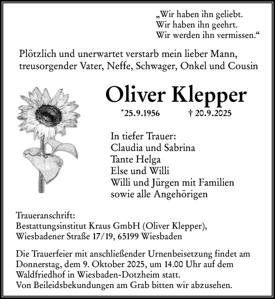 Traueranzeige von Oliver Klepper von Wiesbadener Kurier Traueranzeige von Oliver Klepper von Wiesbadener Kurier