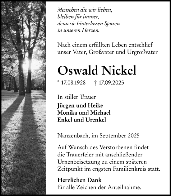 Traueranzeige von Oswald Nickel von Dill Block