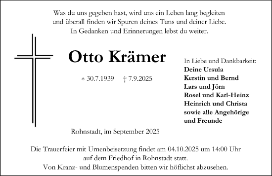 Traueranzeige von Otto Krämer von Weilburger Tageblatt