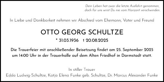 Traueranzeige von Otto Georg Schultze von Darmstädter Echo