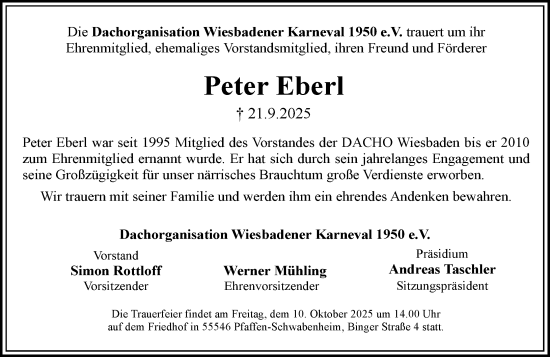 Traueranzeige von Peter Eberl von Wiesbadener Kurier Traueranzeige von Peter Eberl von Wiesbadener Kurier
