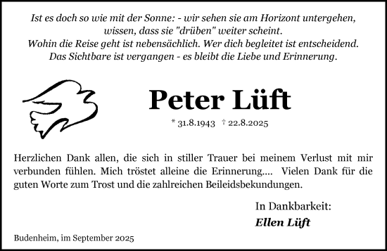 Traueranzeige von Peter Lüft von Allgemeine Zeitung Mainz Traueranzeige von Peter Lüft von Allgemeine Zeitung Mainz