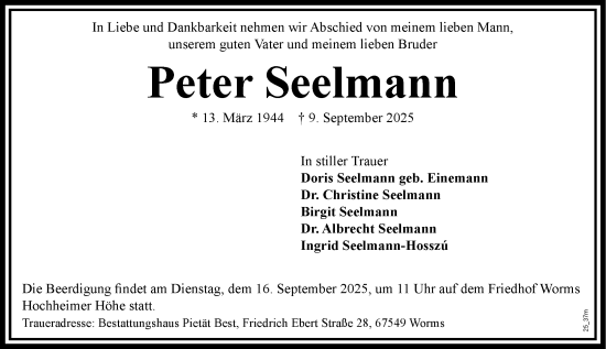 Traueranzeige von Peter Seelmann von Wormser Zeitung