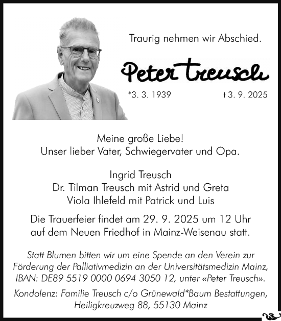 Traueranzeige von Peter Treusch von Allgemeine Zeitung Mainz