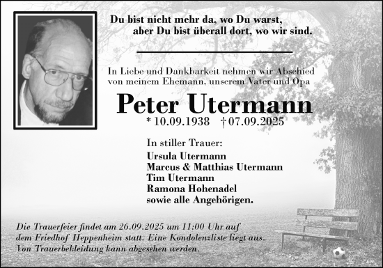 Traueranzeige von Peter Utermann von Bergsträßer Anzeiger