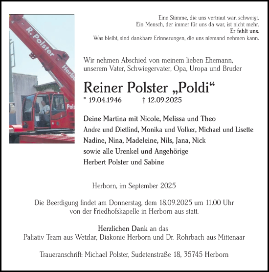 Traueranzeige von Reiner Polster von Dill Block