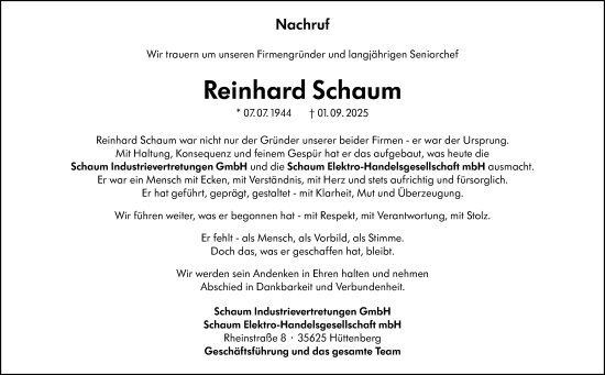 Traueranzeige von Reinhard Schaum von Wetzlarer Neue Zeitung