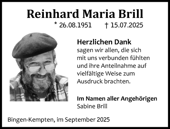 Traueranzeige von Reinhard Maria Brill von Binger-/Ingelheimer Wochenblatt Traueranzeige von Reinhard Maria Brill von Binger-/Ingelheimer Wochenblatt