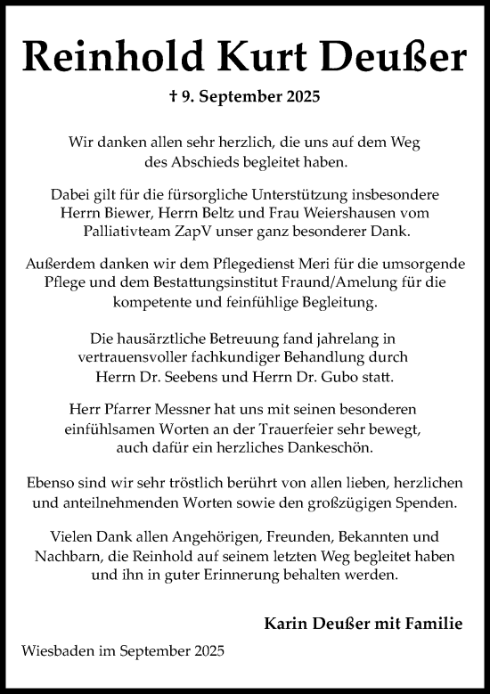 Traueranzeige von Reinhold Kurt Deußer von Wiesbadener Kurier Traueranzeige von Reinhold Kurt Deußer von Wiesbadener Kurier