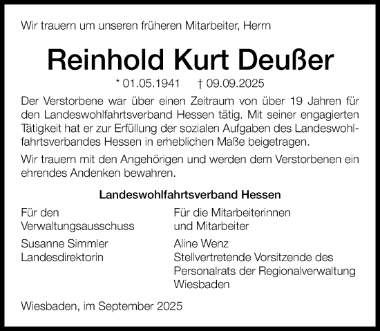 Traueranzeige von Reinhold Kurt Deußer von Wiesbadener Kurier Traueranzeige von Reinhold Kurt Deußer von Wiesbadener Kurier