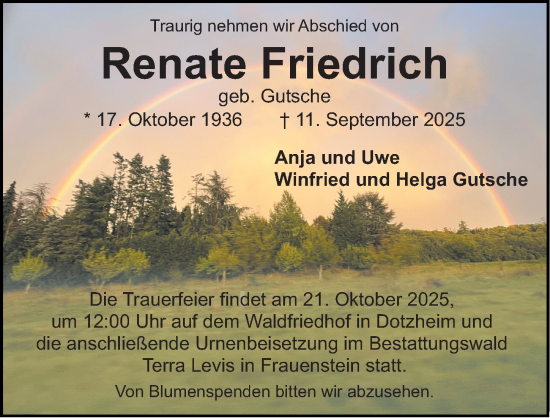 Traueranzeige von Renate Friedrich von Wiesbadener Kurier Traueranzeige von Renate Friedrich von Wiesbadener Kurier