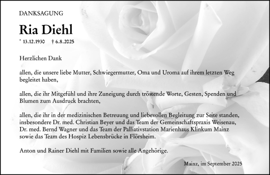 Traueranzeige von Ria Diehl von Allgemeine Zeitung Mainz