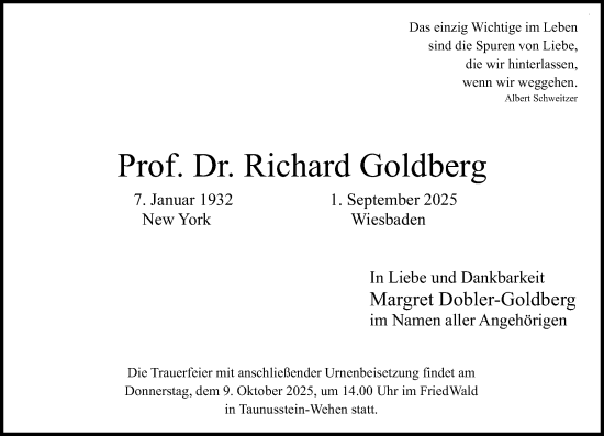 Traueranzeige von Richard Goldberg von Wiesbadener Kurier