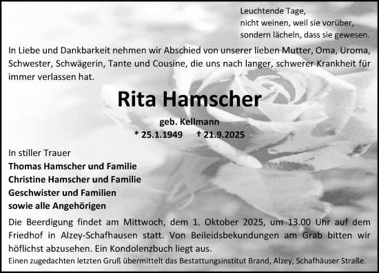Traueranzeige von Rita Hamscher von Allgemeine Zeitung Alzey Traueranzeige von Rita Hamscher von Allgemeine Zeitung Alzey