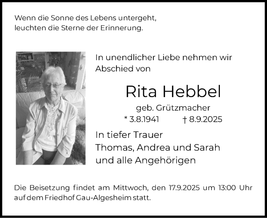 Traueranzeige von Rita Hebbel von Allgemeine Zeitung Rheinhessen-Nahe