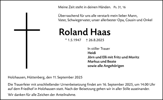 Traueranzeige von Roland Haas von Wetzlarer Neue Zeitung