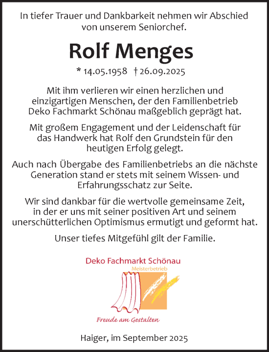 Traueranzeige von Rolf Menges von Dill Block Traueranzeige von Rolf Menges von Dill Block
