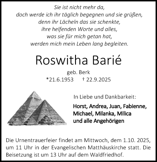 Traueranzeige von Roswitha Barié von Darmstädter Echo Traueranzeige von Roswitha Barié von Darmstädter Echo