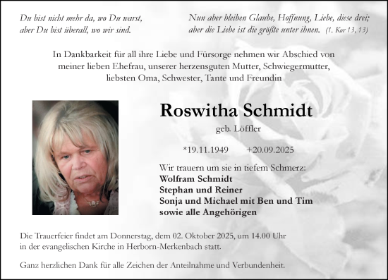 Traueranzeige von Roswitha Schmidt von Dill Block Traueranzeige von Roswitha Schmidt von Dill Block