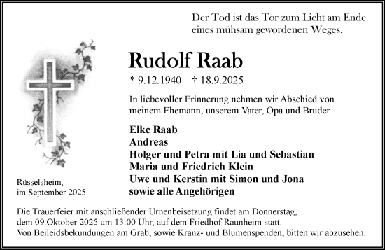 Traueranzeige von Rudolf Raab von Rüsselsheimer Echo Traueranzeige von Rudolf Raab von Rüsselsheimer Echo
