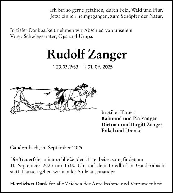 Traueranzeige von Rudolf Zanger von Weilburger Tageblatt