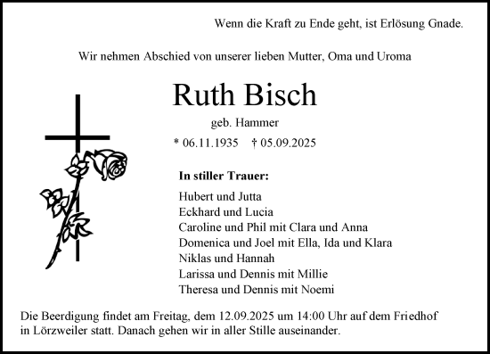 Traueranzeige von Ruth Bisch von Allgemeine Zeitung Mainz