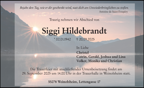 Traueranzeige von Siggi Hildebrandt von Allgemeine Zeitung Mainz