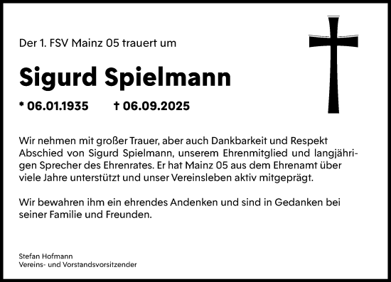 Traueranzeige von Sigurd Spielmann von Allgemeine Zeitung Mainz