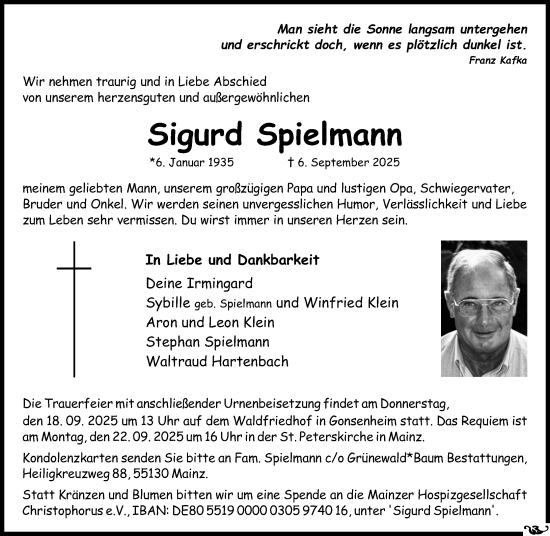 Traueranzeige von Sigurd Spielmann von Allgemeine Zeitung Mainz