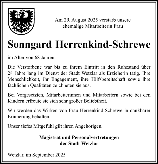 Traueranzeige von Sonngard Herrenkind-Schrewe von Wetzlarer Neue Zeitung