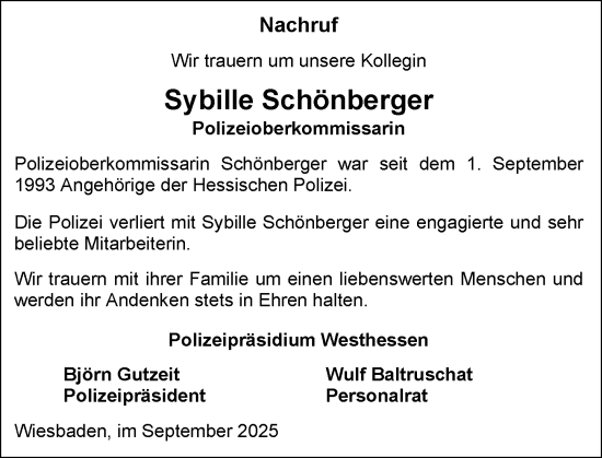 Traueranzeige von Sybille Schönberger von Wiesbadener Kurier