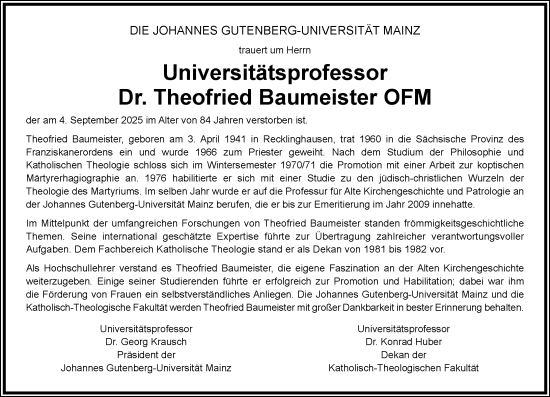 Traueranzeige von Theofried Baumeister von Allgemeine Zeitung Mainz