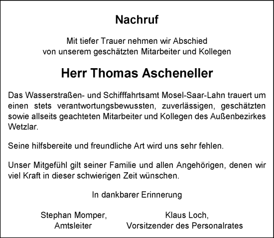 Traueranzeige von Thomas Ascheneller von Wetzlarer Neue Zeitung