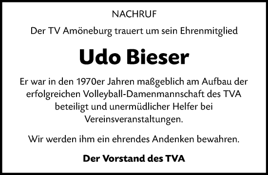Traueranzeige von Udo Bieser von Wiesbadener Kurier